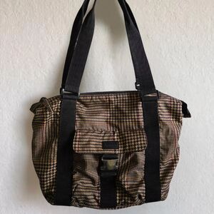 VTG LAUREN Ralph Lauren Bag Nylon Beige Black Houndstooth Purse Buckle Tote Y2K